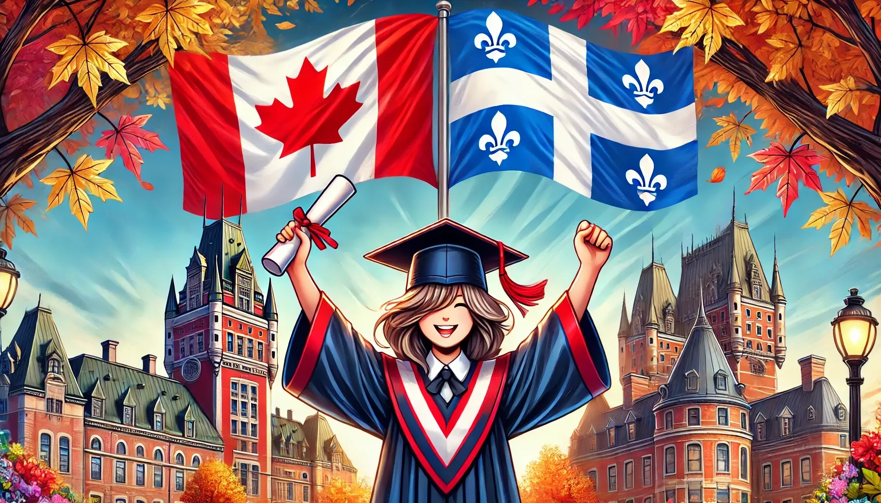 Étudiante diplômée célébrant devant les drapeaux du Canada et du Québec avec architecture universitaire québécoise en arrière-plan