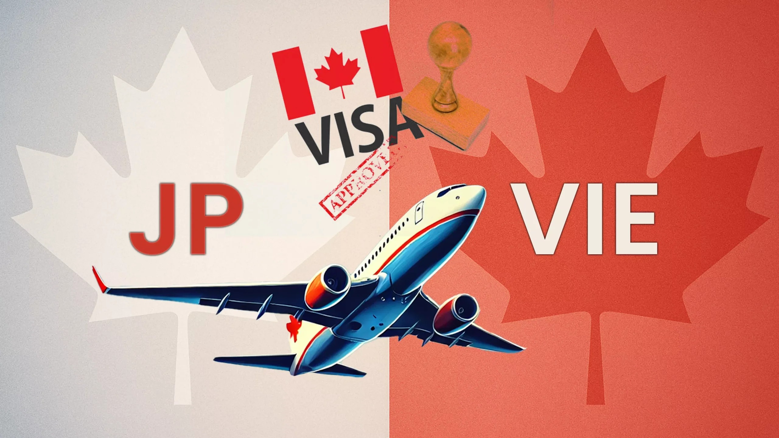 Comparaison visuelle permis jeunes professionnels vs vie avec drapeau canadien, avion et tampon visa illustrant les deux options d'immigration
