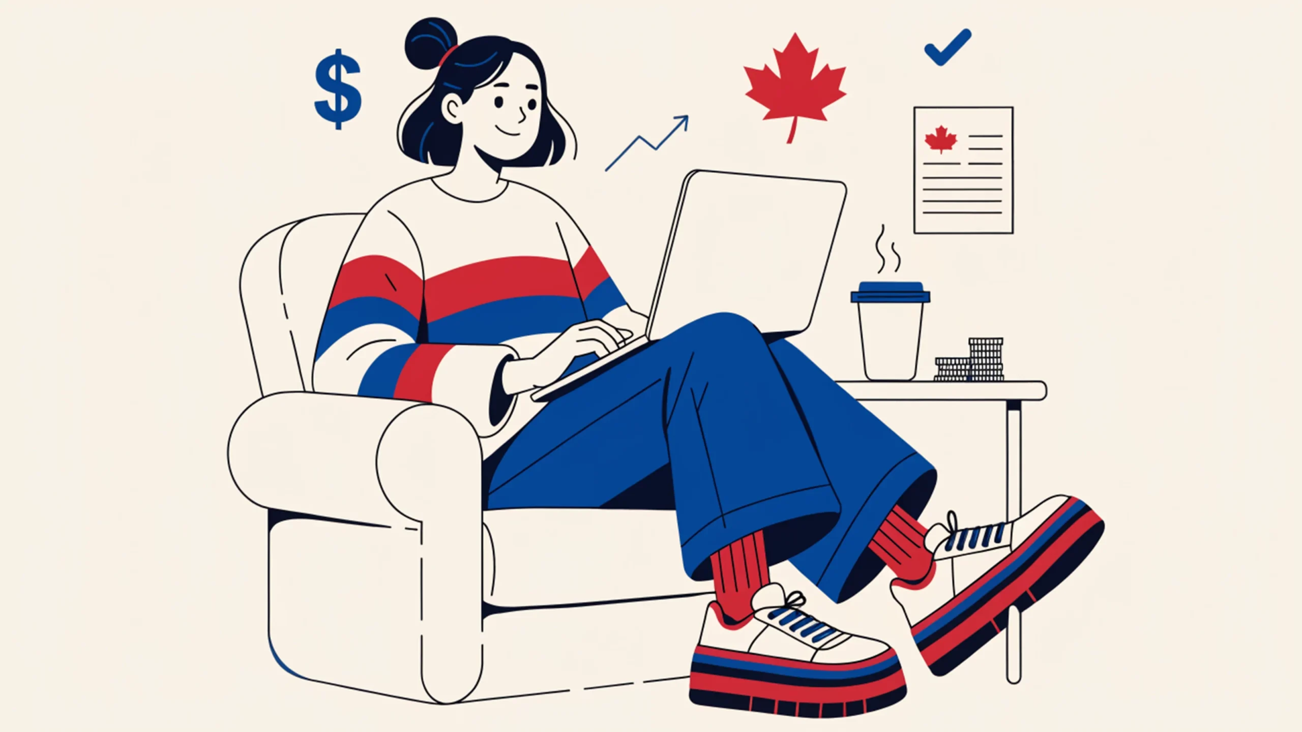 Femme gérant son entreprise individuelle au Canada, installée confortablement avec son laptop, café et symboles d'entrepreneuriat canadien