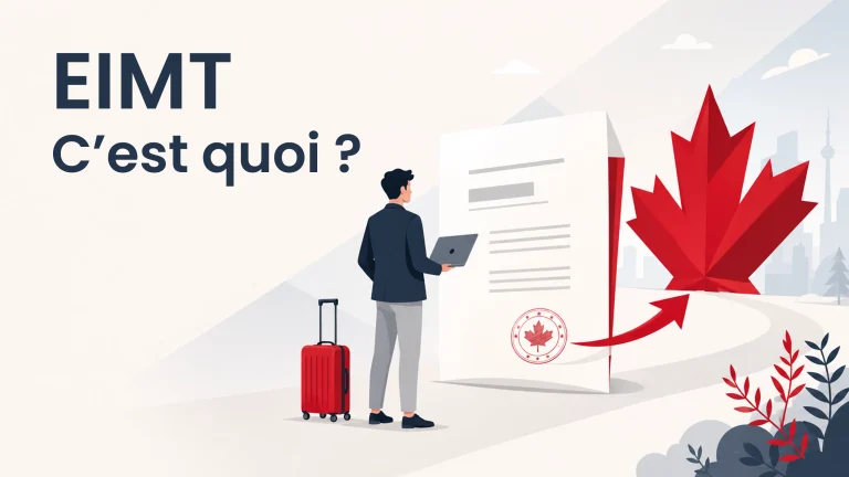 Travailleur étranger face à un document d'autorisation de travail et une feuille d'érable, illustrant l'EIMT au Canada