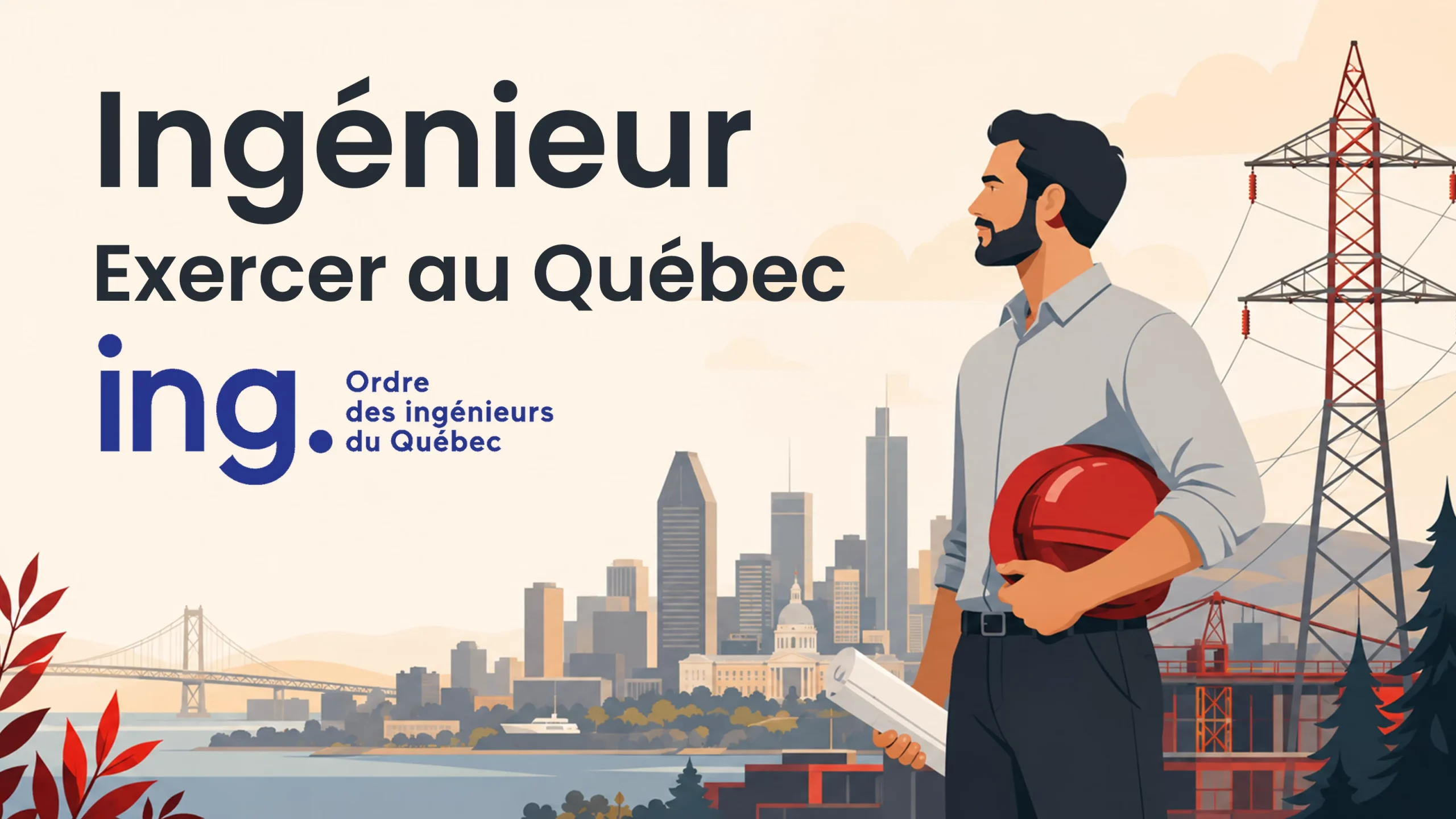 Ingénieur devant la skyline de Montréal, prêt à exercer comme ingénieur au Québec en étant reconnu et inscrit à l'Ordre des Ingénieurs du Québec (OIQ)