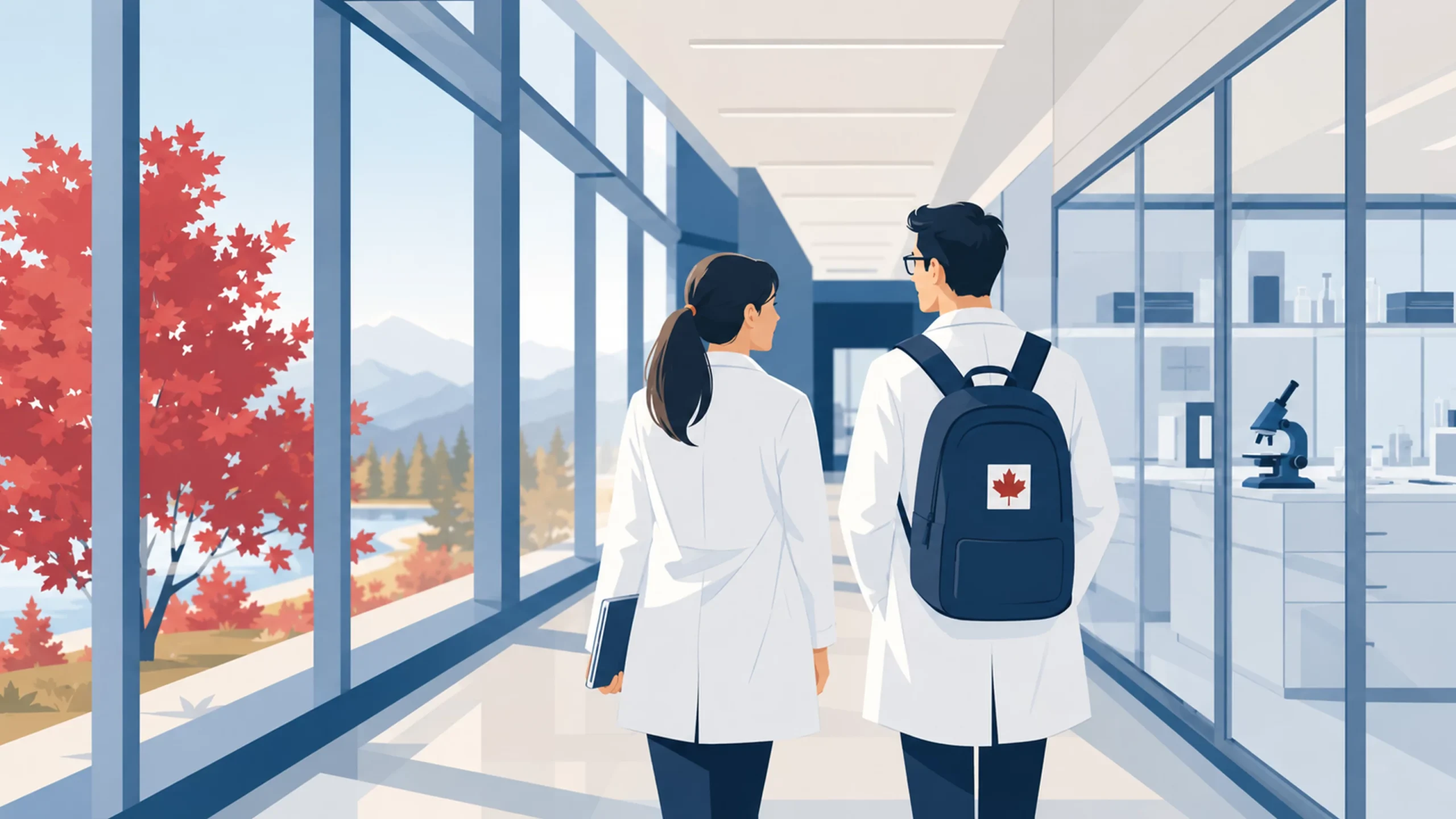 Deux jeunes chercheurs marchant dans un couloir universitaire lumineux au Canada, sac à dos à la feuille d'érable