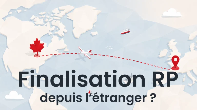 Illustration d'un trajet en avion entre l'étranger et le Canada, symbolisant la finalisation de la résidence permanente depuis l'étranger