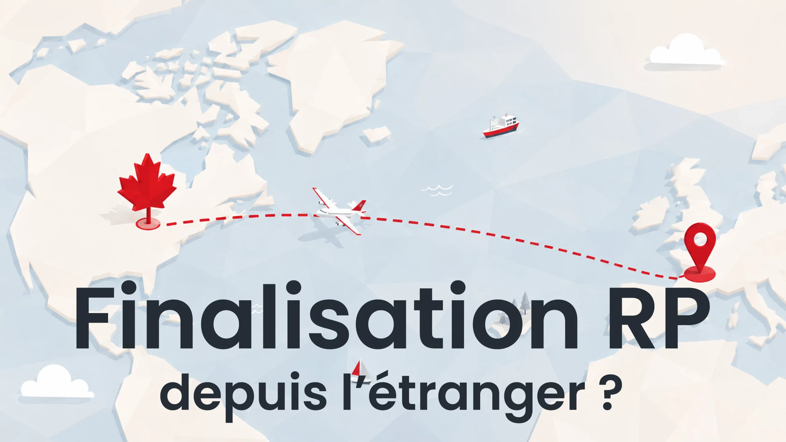 Illustration d'un trajet en avion entre l'étranger et le Canada, symbolisant la finalisation de la résidence permanente depuis l'étranger