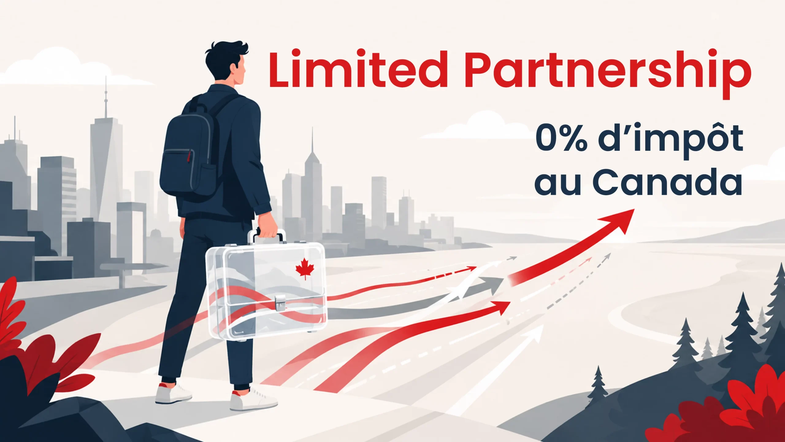 Entrepreneur avec valise et feuille d'érable regardant l'horizon canadien, illustration LP Canada et 0 % d'impôt