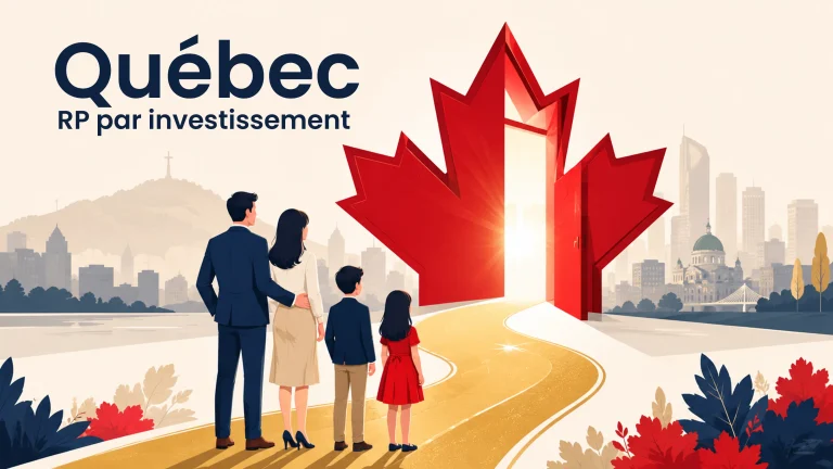 Famille devant une porte en feuille d'érable ouverte sur le mont Royal, symbolisant le programme des investisseurs du Québec