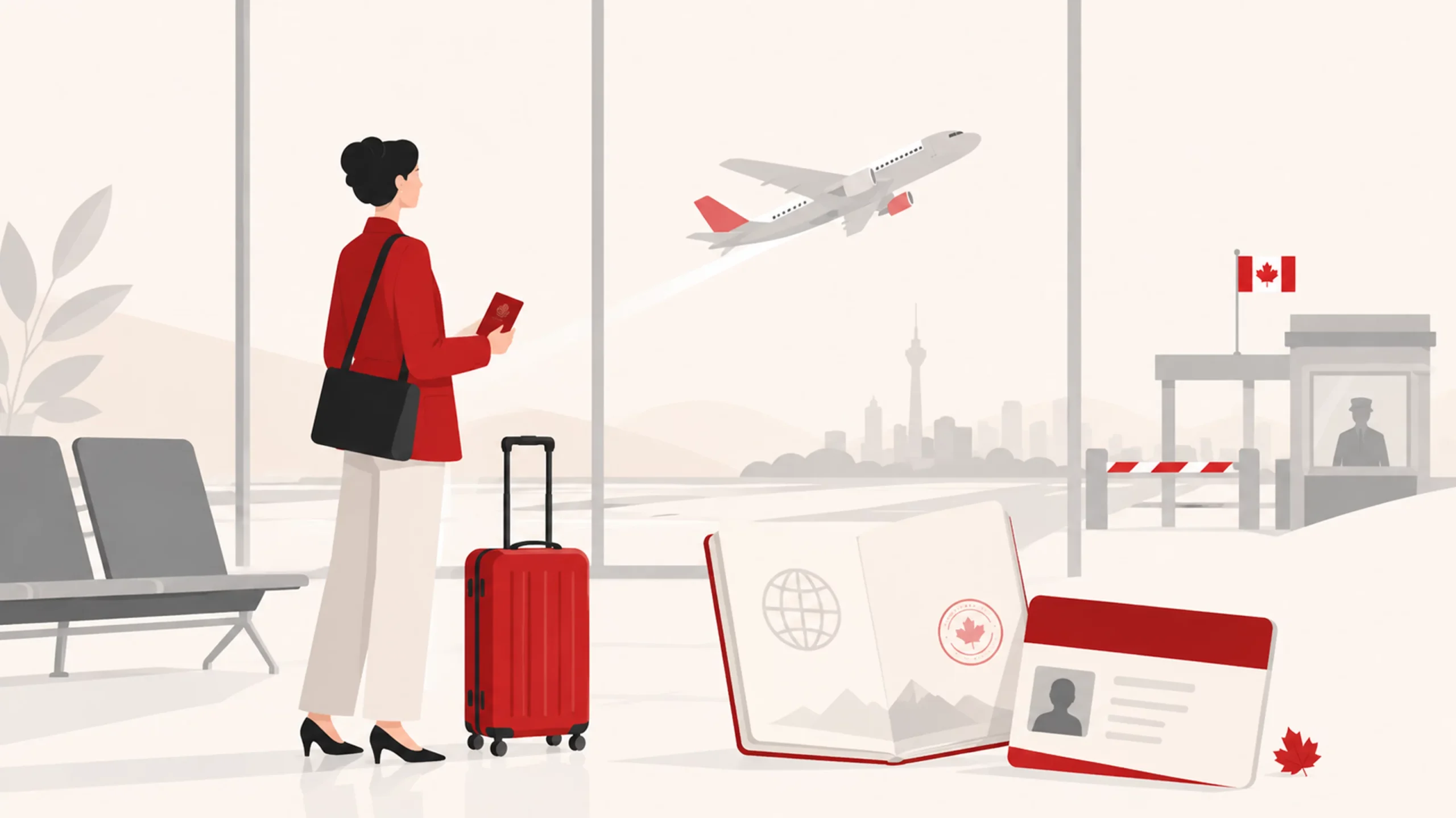 du Canada pendant sa demande de RP : voyageuse avec valise et passeport canadien devant un poste-frontière, illustrant le départ hors du Canada pendant une demande de résidence permanente