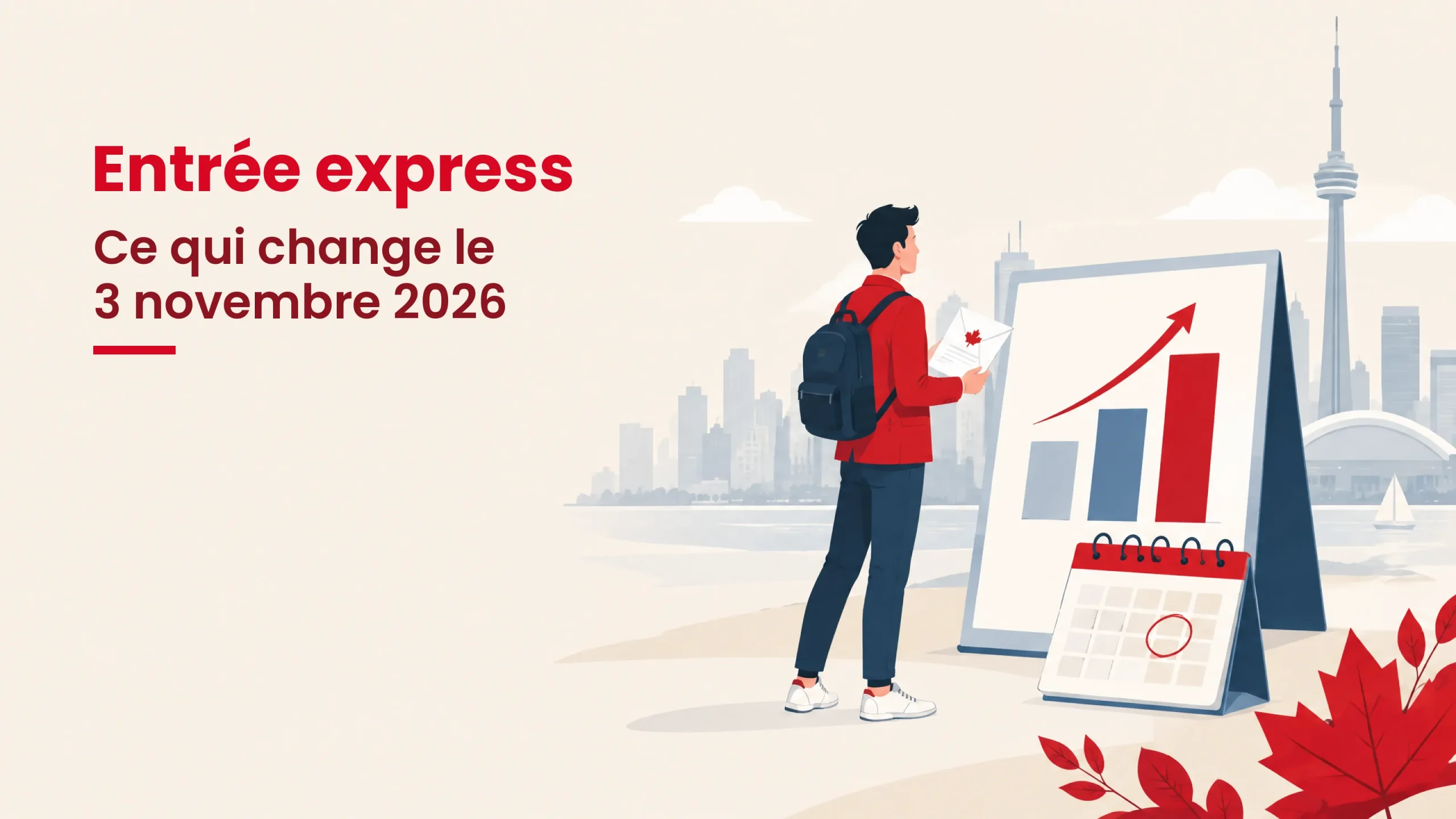 Candidat à Entrée express devant un tableau de points en hausse, une offre d'emploi à la main, avec Toronto en arrière-plan