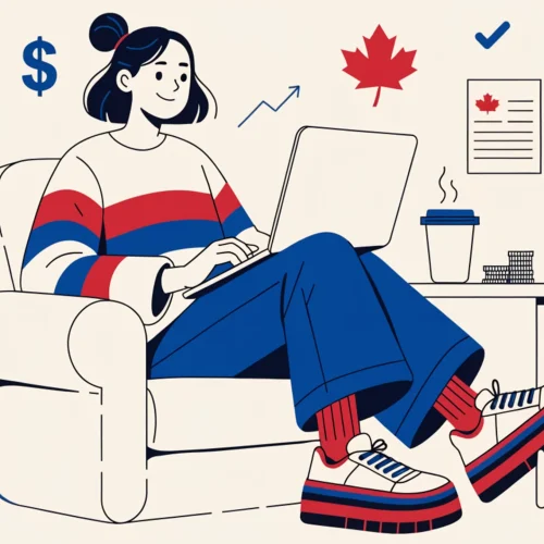 Femme gérant son entreprise individuelle au Canada, installée confortablement avec son laptop, café et symboles d'entrepreneuriat canadien