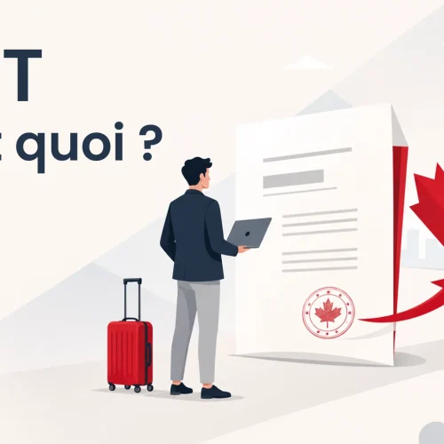 Travailleur étranger face à un document d'autorisation de travail et une feuille d'érable, illustrant l'EIMT au Canada
