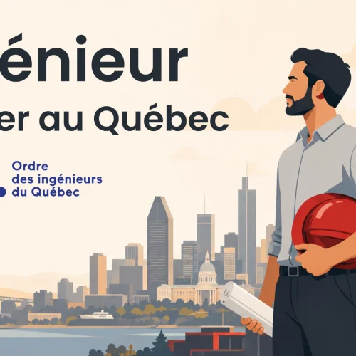 Ingénieur devant la skyline de Montréal, prêt à exercer comme ingénieur au Québec en étant reconnu et inscrit à l'Ordre des Ingénieurs du Québec (OIQ)