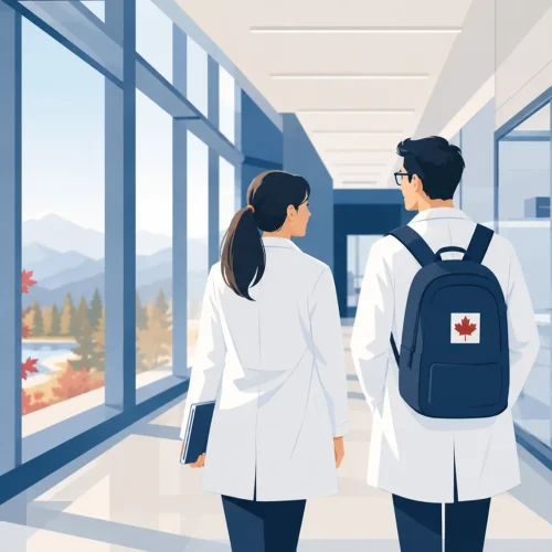 Deux jeunes chercheurs marchant dans un couloir universitaire lumineux au Canada, sac à dos à la feuille d'érable
