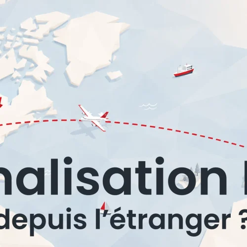 Illustration d'un trajet en avion entre l'étranger et le Canada, symbolisant la finalisation de la résidence permanente depuis l'étranger