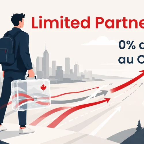 Entrepreneur avec valise et feuille d'érable regardant l'horizon canadien, illustration LP Canada et 0 % d'impôt