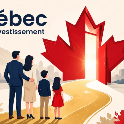 Famille devant une porte en feuille d'érable ouverte sur le mont Royal, symbolisant le programme des investisseurs du Québec