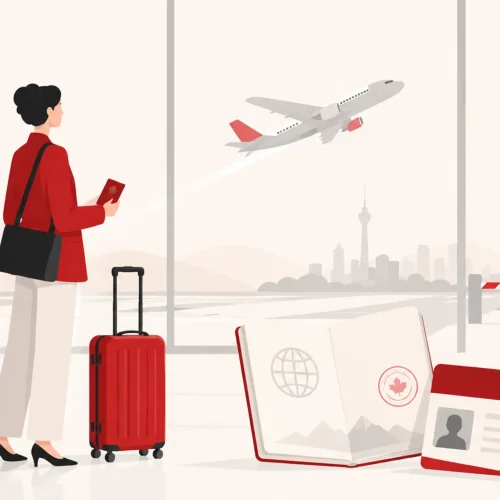 du Canada pendant sa demande de RP : voyageuse avec valise et passeport canadien devant un poste-frontière, illustrant le départ hors du Canada pendant une demande de résidence permanente